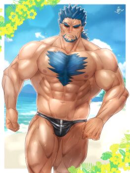 1boy abs absurdres artist_name bara beach biceps blue_hair blue_sky blush bucchigiri?! chest_hair cloud cloudy_sky commission douman_kenichirou fumi_midori highres huge_pectorals leaf male_focus male_swimwear manly mature_male muscular muscular_arms muscular_legs muscular_male nipples nose_blush ocean one-piece_swimsuit outdoors pectorals plant ponytail sand signature skeb_commission sky solo spiked_hair strongman_waist sunlight swim_briefs swimsuit thick_eyebrows thighs topless_male wet zipper
