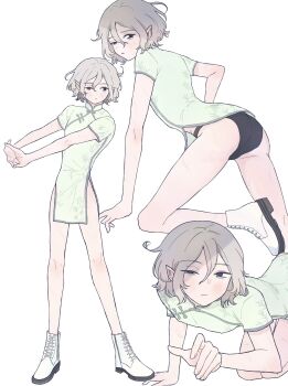 1boy androgynous bags_under_eyes black_eyes blush china_dress chinese_clothes crossdressing crossdressing_(mtf) dress dungeon_meshi elf grey_hair highres lazy_eye looking_at_viewer male_focus mchi125 mithrun multiple_scars multiple_views notched_ear panties pantyshot pointy_ears scar shoes short_hair simple_background trap underwear uneven_eyes wavy_hair white_background