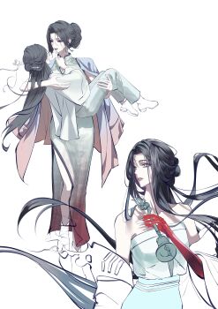 Rule 34 | 3girls, absurdres, bare shoulders, black hair, carrying, chinese clothes, commentary request, full body, hair bun, hand up, highres, jacket, jacket on shoulders, jichuan (path to nowhere), korean commentary, lbm bin, looking back, multiple girls, path to nowhere, princess carry, side slit, single hair bun, standing, white background, yuri