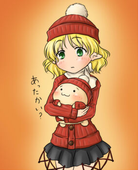 1boy 1girl 2channel :3 alternate_costume beanie black_skirt blonde_hair blush closed_mouth commentary_request cowboy_shot green_eyes hat kanro-candy mini_person miniboy mizuhashi_parsee orange_background pointy_ears pom_pom_(clothes) red_hat red_sweater scarf short_hair skirt sweater touhou translation_request white_scarf yaruo