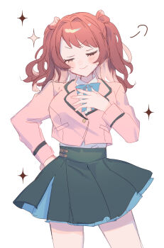 Rule 34 | 1girl, absurdres, black overskirt, blazer, blue ribbon, blue skirt, blush, breasts, brown jacket, closed eyes, commentary request, cowboy shot, cropped jacket, doyagao, gakuen idolmaster, hanami saki, hands on own chest, hatsuboshi gakuen school uniform, highres, hoseki karin, idolmaster, jacket, long sleeves, medium breasts, medium hair, neck ribbon, partial commentary, pleated skirt, ribbon, school uniform, shirt, simple background, skirt, smile, smug, solo, sparkle, thighs, two side up, v-shaped eyebrows, white background, white shirt