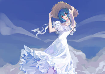 1girl absurdres ayanami_rei blue_hair blue_sky choker cloud commentary cowboy_shot dress frilled_dress frills hair_between_eyes hand_on_own_hat hat highres looking_at_viewer neon_genesis_evangelion red_eyes short_hair sky solo standing straw_hat sun_hat untranslatable_commentary white_choker white_dress yume_kingi