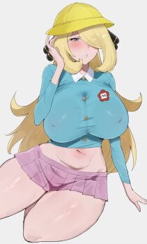 alternate_breast_size_(larger) blonde_hair buttons cynthia_(pokemon) hair_ornament hat kataku_musou kindergarten_uniform light_blush long_hair looking_at_viewer navel nintendo pokemon pokemon_dppt shiny_skin simple_background skirt stomach