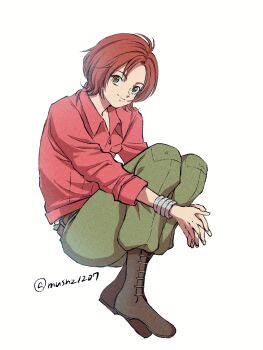 1boy androgynous boots bracelet brown_boots brown_eyes brown_hair closed_mouth commentary_request full_body green_pants highres jewelry lace-up_boots looking_at_viewer male_focus mushgdn2 pants red_shirt shirt short_hair simple_background sitting smile solo toboe twitter_username wolf's_rain
