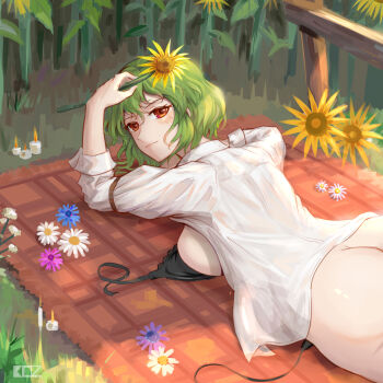 1girl absurdres arm_strap ass black_bra blush bottomless bra breasts butt_crack candle collared_shirt commentary dated_commentary edz_drawz flower green_hair hair_between_eyes highres kazami_yuuka light_blush long_sleeves looking_at_viewer looking_back lying on_stomach open_bra open_clothes open_shirt panties plaid_rug red_eyes shirt short_hair side-tie_panties signature solo sunflower touhou unbuttoned underwear undone_bra untied_panties white_shirt