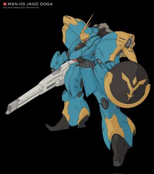 Rule 34 | beam rifle, black background, char's counterattack, character name, commentary, corrupted twitter file, energy gun, full body, gundam, highres, jagd doga gyunei custom, mecha, mecha focus, mobile suit, neo5180, neo zeon, no humans, one-eyed, original, red eyes, redesign, robot, science fiction, shield, simple background, standing, weapon
