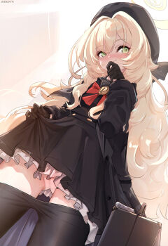 1girl absurdres ahoge beret black_coat black_gloves black_hat black_pantyhose black_skirt blonde_hair blue_archive blush bow bowtie breasts briefcase coat gloves green_eyes halo hat highres long_hair long_sleeves looking_at_viewer nekoya_(liu) panties pantyhose professor_niyaniya_(blue_archive) skirt small_breasts smile solo thighs underwear upskirt wavy_hair white_panties