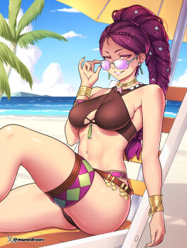 1girl absurdres armpits bare_arms bare_shoulders beach braid breasts chair commission commissioner_upload earrings etchimune eyewear_pull fire_emblem fire_emblem:_three_houses fire_emblem_heroes grin highres jewelry large_breasts long_hair looking_over_eyewear lounge_chair navel nintendo non-web_source ocean official_alternate_costume outdoors petra_macneary petra_macneary_(summer) purple-tinted_eyewear purple_hair sideboob single_braid sitting skindentation smile stomach sunglasses thick_thighs thighs tinted_eyewear very_long_hair