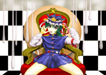 Rule 34 | arm ribbon, arm support, blue dress, blue eyes, blue hat, blue skirt, checkered background, closed mouth, commentary request, dress, hat, kams, licking finger, licking own finger, looking at viewer, red ribbon, ribbon, shiki eiki, shirt, sitting, skirt, smile, smiley face, spread legs, suggestive fluid, throne, tongue, tongue out, touhou, white ribbon, white shirt