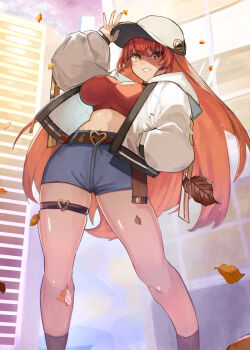 1girl absurdres alternate_costume autumn_leaves black_socks blue_shorts breasts cleavage commentary_request hand_in_pocket hat heart heart_o-ring heterochromia highres hololive houshou_marine jacket leaf long_hair looking_at_viewer nail_polish o-ring o-ring_thigh_strap red_eyes red_hair red_nails red_shirt roy_(roy_pomu) shirt shorts smile socks solo thigh_strap very_long_hair virtual_youtuber white_hat white_jacket yellow_eyes