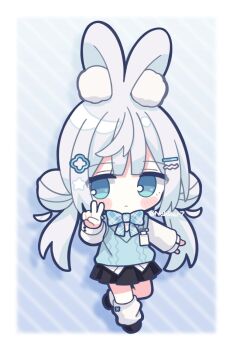 1girl animal_ear_fluff animal_ears black_shoes black_skirt blue_background blue_bow blue_bowtie blue_eyes blue_hair blue_sweater_vest blurry blurry_background blush_stickers border bow bowtie chibi chibi_only closed_mouth commentary commission double_bun drop_shadow full_body hair_bun hair_ornament hairclip hand_up highres long_hair long_sleeves looking_at_viewer loose_socks low_twintails nakkar original pleated_skirt rabbit_ears rabbit_girl shirt shoes skeb_commission skirt socks solo standing standing_on_one_leg striped_background sweater_vest twintails twitter_username usako_(nakkar) v white_border white_shirt white_socks
