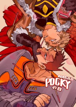 Rule 34 | 2boys, bara, blonde hair, boku no hero academia, box, closed mouth, crossed arms, dated, endeavor (boku no hero academia), fanga0909, feathers, grin, hand on another's face, hawks (boku no hero academia), highres, holding, holding box, imminent pocky kiss, looking at another, male focus, multiple boys, pocky day, product placement, red feathers, red hair, red wings, scar, scar across eye, scar on face, smile, superhero costume, wings, yaoi