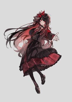 Rule 34 | 1girl, absurdres, armband, black hair, black pantyhose, black shirt, black shoes, black skirt, chinese commentary, closed mouth, collared shirt, commentary request, floating clothes, floating hair, flower, frilled skirt, frills, full body, grey background, hair flower, hair ornament, highres, loafers, long hair, long skirt, long sleeves, looking at viewer, mahou shoujo no majo saiban, maizzzzzzz, necktie, nikaido hiro, pantyhose, pointing, pointing at viewer, red armband, red eyes, red flower, red necktie, shirt, shoes, simple background, skirt, solo