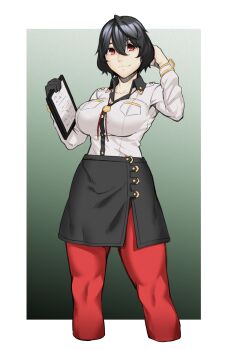 1girl absurdres black_gloves black_hair black_skirt border breasts clipboard closed_mouth code_vein dyun gloves gradient_background green_background hair_between_eyes hand_up highres holding holding_clipboard karen_(code_vein) karen_amamiya large_breasts long_sleeves looking_at_viewer miniskirt outside_border pantyhose red_eyes red_pantyhose shirt short_hair single_glove skirt smile solo white_border white_shirt