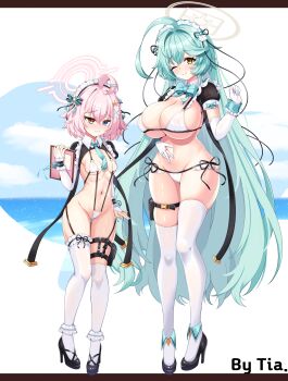 2girls absurdres age_difference ahoge alternate_costume artist_name bikini black_footwear blue_archive blue_eyes blush breasts bridal_gauntlets cameltoe closed_mouth covered_erect_nipples elbow_gloves enmaided full_body gloves gluteal_fold green_hair groin hair_between_eyes halo heterochromia high_heels highres hoshino_(blue_archive) hoshino_(first_year)_(blue_archive) hoshino_(young)_(blue_archive) long_hair maid maid_bikini maid_headdress multiple_girls navel one_eye_closed onee-loli pink_hair pink_halo puffy_short_sleeves puffy_sleeves short_hair short_sleeves small_breasts smile swimsuit thigh_strap thighhighs tia_(4017342) unconventional_maid white_bikini white_gloves white_thighhighs yellow_eyes yellow_halo yume_(blue_archive)