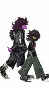 1girl 1other alternate_costume an-coinin colored_sclera deltarune full_body hands_in_pockets highres kris_(deltarune) medium_hair messy_hair reptile_girl simple_background susie_(deltarune) utdr_(toby_fox) walking white_background yellow_sclera