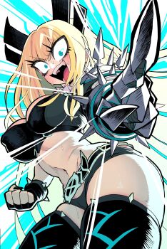 Rule 34 | 1girl, blonde hair, blue eyes, blush, breasts, clenched hand, commentary, gashi-gashi, highres, large breasts, long hair, looking at viewer, marvel, marvel tokon: fighting souls, navel, open mouth, pointing, pointing at viewer, smile, solo, superhero costume, sweat, x-men