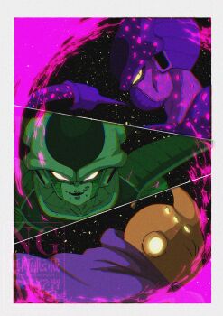 1st_form_frieza 3boys black_background border cell_(dragon_ball) dragon_ball dragonball_z fat_buu frieza glowing highres looking_at_viewer majin_buu male_focus multiple_boys profile simple_background stktik09060906 upper_body white_border