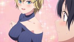 1boy 1girl animated anime_screenshot bare_shoulders blonde_hair blue_eyes blue_shirt blush breast_press breasts clothing_cutout evergreen_eri hair_between_eyes hair_ornament hairclip haite_kudasai_takamine-san highres large_breasts shirota_takashi shirt short_hair shoulder_cutout smile sound tagme teeth upper_teeth_only video
