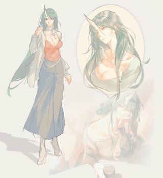 Rule 34 | 1girl, absurdres, alternate costume, alternate hairstyle, arknights, breasts, casual, chinese commentary, cleavage, coat, commentary request, cropped torso, full body, green hair, grey coat, grey skirt, hair between eyes, hair down, highres, horns, hoshiguma (arknights), large breasts, long hair, long skirt, looking at viewer, multiple views, orange shirt, shirt, single horn, skin-covered horns, skirt, standing, wushui zhan nao geng, yellow eyes