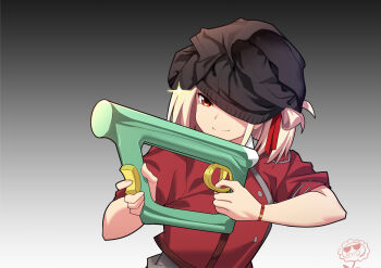 blonde_hair bob_cut boxers boxers_on_head buttons closed_mouth commentary_request double-breasted dress gradient_background grey_background grey_dress hair_ribbon highres lycoris_recoil lycoris_uniform male_underwear medium_hair nishikigi_chisato red_dress red_eyes red_ribbon ribbon side_up_ring sleeves_rolled_up smile smug two-tone_dress underwear upper_body v-shaped_eyebrows zhanzhangzlw