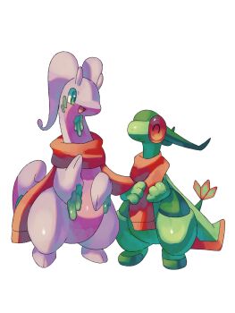 Rule 34 | antennae, claws, closed eyes, closed mouth, colored skin, dragon, flygon, full body, gen 3 pokemon, gen 6 pokemon, goodra, green eyes, highres, nintendo, no humans, open mouth, p9kfxaofqi54546, pokemon, pokemon (creature), pokemon focus, purple skin, red eyes, red scarf, scarf, simple background, slime (substance), smile, white background, wings