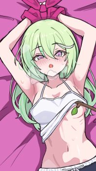 1girl absurdres armpits arms_up assisted_exposure bdsm blush bondage bound bound_wrists breasts camisole camisole_lift clothes_lift collarbone commentary_request double-parted_bangs duda_(duda1) green_hair hair_between_eyes heart heart-shaped_pupils highres korean_commentary long_bangs long_hair lying medium_breasts navel no_bra on_back on_bed open_mouth pink_eyes red_pupils solo steam steaming_body stellive stick stomach straight_hair sweat symbol-shaped_pupils upper_body virtual_youtuber white_camisole yuzuha_riko