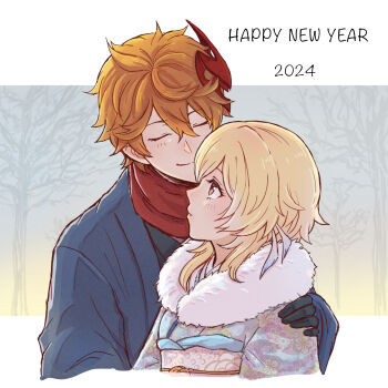 1boy 1girl 2024 alternate_costume black_gloves blonde_hair closed_eyes closed_mouth commentary_request couple cropped_torso genshin_impact gloves hair_between_eyes hand_on_another's_shoulder happy_new_year hetero highres japanese_clothes kimono kinako0154 looking_at_another lumine_(genshin_impact) mask mask_on_head new_year obi orange_hair red_mask red_scarf sash scarf short_hair short_hair_with_long_locks tartaglia_(genshin_impact) upper_body yellow_eyes