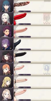 6+futa absurdres annette_fantine_dominic artist_name bernadetta_von_varley blonde_hair blue_eyes blue_hair blush braid brown_eyes brown_hair bulge female_byleth_(fire_emblem) character_name chart closed_mouth comparison dark-skinned_female dark_skin dorothea_arnault earrings edelgard_von_hresvelg erection fire_emblem fire_emblem:_three_houses frown futanari green_eyes grey_eyes hat highres ingrid_brandl_galatea jewelry kushishekku large_penis long_hair long_image looking_at_viewer medium_penis mercedes_von_martritz multiple_futa nintendo orange_hair penis penis_chart penis_comparison penis_sheath penis_size_comparison penis_size_difference petra_macneary purple_eyes purple_hair short_hair smile testicles uncensored white_hair
