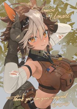 1girl american_flag animal_ears arms_up bare_shoulders black_gloves breasts brown_hair character_name closed_mouth commentary commission crop_top from_side gloves heart highres horse_ears horse_tail indie_virtual_youtuber koyo2023 large_breasts layered_gloves looking_to_the_side multicolored_hair orange_eyes pouch rabbit_pose short_hair skeb_commission smile solo star_(symbol) star_in_eye streaked_hair symbol_in_eye tail thank_you tomoe_umari tomoe_umari_(1st_costume) torn_clothes torn_gloves upper_body virtual_youtuber white_hair