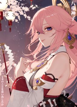 1girl absurdres animal_ears bare_shoulders breasts cherry_blossoms closed_mouth detached_sleeves earrings floppy_ears fox_ears from_side genshin_impact gohei hair_between_eyes highres holding holding_gohei jewelry large_breasts long_hair looking_at_viewer nontraditional_miko ohkurrva pink_hair purple_eyes solo upper_body yae_miko