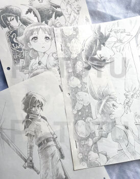 1girl 3boys ahiru_(princess_tutu) ahoge belt braid closed_mouth commentary_request drosselmeyer_(princess_tutu) fakir_(princess_tutu) freckles gold_crown_academy_school_uniform greyscale highres holding holding_sword holding_weapon huge_ahoge juliet_sleeves long_sleeves low_ponytail monochrome multiple_boys mytho_(princess_tutu) official_art parted_lips photo_(medium) ponytail princess_tutu puffy_sleeves sample_watermark school_uniform single_braid sword watermark weapon