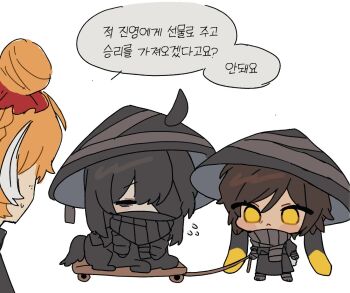 1boy 2girls animal_ears black_robe blush_stickers brown_hair cart centaur closed_eyes dark-skinned_female dark_skin family_hierarch_candidate_(identity)_(project_moon) hair_bun hair_over_one_eye hat heishou_pack-mao_branch_(identity)_(project_moon) heishou_pack-wu_branch_(identity)_(project_moon) horse_ears ishmael_(project_moon) korean_text limbus_company long_hair multiple_girls orange_hair outis_(project_moon) project_moon rabbit_ears rice_hat robe scarf short_hair simple_background speech_bubble sweatdrop taur white_background white_streaks yi_sang_(project_moon) yippee