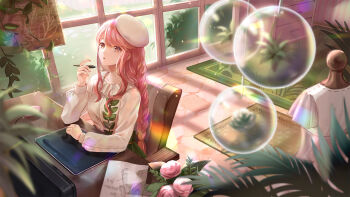 Rule 34 | arm on table, artist request, beret, bow, braid, brown eyes, bubble, bush, carpet, chair, chinese commentary, collarbone, collared shirt, commentary request, computer mouse, day, drawer, drawing (object), drawing tablet, dress, elbow on table, eyelashes, flower, frilled shirt collar, frills, green skirt, hat, high-waist skirt, highres, indoors, leaf print, light particles, long hair, long sleeves, looking ahead, low twin braids, mannequin, monitor, nikki (nikki), nikki (series), official art, on chair, paper, parted lips, pink flower, pink hair, pink rose, plant, pleated skirt, potted plant, puffy long sleeves, puffy sleeves, ribbon-trimmed dress, ribbon trim, rose, second-party source, shining nikki, shirt, sidelocks, sitting, skirt, sleeve bow, table, twin braids, unworn dress, very long hair, vines, wacom, wavy hair, white bow, white dress, white hat, white shirt, window