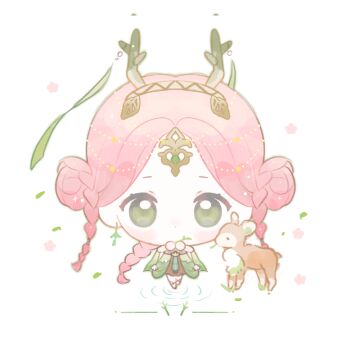 1girl :o animal antlers baonu_de_zhanshen_caibutou beads braid brown_dress brown_hairband brown_sandals bun_with_braided_base cape chibi chinese_commentary circlet commentary_request corrupted_file deer deer_antlers double_bun dress earrings expressionless eyelashes flower forehead_jewel forest's_song_(infinity_nikki) gem green_cape green_dress green_eyes green_gem green_horns green_outline hair_beads hair_bun hair_ornament hair_tubes hairband hands_on_own_chin highres holding holding_plant horns infinity_nikki jewelry layered_dress leaf_hair_ornament light_blush light_particles long_hair looking_at_viewer nikki_(series) outline parted_lips pink_flower pink_hair plant ripples sandals short_dress side_braids simple_background solo sparkle standing standing_on_liquid straight-on tareme twin_braids very_long_hair white_background