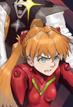 Rule 34 | 1girl, absurdres, angel (evangelion), angry, aqua eyes, bodysuit, breasts, clenched teeth, commentary, furrowed brow, highres, interface headset (evangelion), long hair, looking afar, looking ahead, massao (abfobywnltuitiy), mecha pilot suit, neon genesis evangelion, orange hair, plugsuit (evangelion), red bodysuit, small breasts, solo, souryuu asuka langley, sparkling eyes, teeth, upturned eyes, v-shaped eyebrows, zeruel (evangelion)
