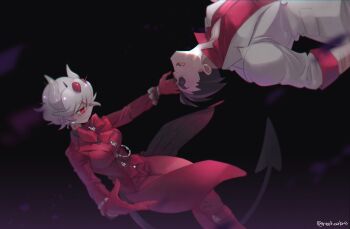 1boy 1girl anniversary beelzebub_(helltaker) black_hair bow bowtie breasts copyright_name demon_girl demon_horns demon_tail earrings gloves helltaker helltaker_(character) highres horns jacket jewelry medium_breasts noah_(tettsui-sole) pants red_bow red_bowtie red_eyes red_gloves red_jacket red_pants red_shirt shirt short_hair smile tail twitter_username white_hair white_horns white_jacket