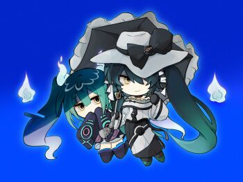 2girls absurdly_long_hair bare_shoulders black_boots black_bow black_choker black_gloves black_hair black_skirt black_umbrella blue_background boots bow center-flap_bangs chibi chibi_only choker closed_mouth collarbone covered_mouth dark_miku_(project_voltage) dot_nose double-parted_bangs dual_persona floating frilled_shirt frilled_umbrella frills full_body ghost_miku_(project_voltage) gloves gongs0313 gradient_hair green_hair green_shoes hair_between_eyes hair_over_one_eye hat hat_bow hatsune_miku highres holding holding_umbrella long_hair long_skirt long_sleeves looking_at_viewer multicolored_hair multiple_girls nintendo off-shoulder_shirt off_shoulder one_eye_covered outline pale_skin pleated_skirt pokemon project_voltage shirt shoes simple_background skirt sleeves_past_fingers sleeves_past_wrists smile standing thigh_boots thighhighs twintails two-tone_hair umbrella very_long_hair vocaloid white_hat white_outline white_shirt wide_sleeves yellow_eyes zettai_ryouiki