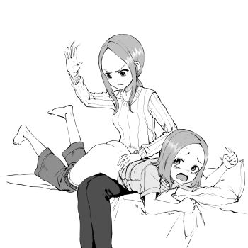 2girls angry ass bed black_pants buli_(rzcd5827) clothes_lift clothes_pull crying greyscale highres karakai_jouzu_no_takagi-san loli monochrome mother_and_daughter multiple_girls nishikata_chii over_the_knee panties pants pants_pull panty_pull pillow punishment resisting shirt_lift short_hair spanking takagi-san tears underwear vest