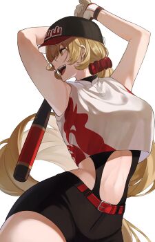 Rule 34 | 1girl, armpits, arms up, baseball bat, baseball cap, belt, black hat, black shorts, blonde hair, breasts, commentary request, cowboy shot, crop top, flame print, gloves, hair ornament, hair scrunchie, hat, highres, holding, holding baseball bat, large breasts, linea alba, long hair, looking to the side, midriff, navel, nijisanji, nijisanji koshien, nui sociere, open mouth, orange eyes, print shirt, profile, red belt, red scrunchie, scrunchie, shirt, shorts, simple background, sleeveless, sleeveless shirt, smile, solo, teeth, upper teeth only, very long hair, virtual youtuber, white background, white gloves, white shirt, zmzm hiji