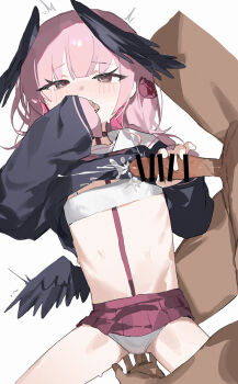 1boy 1girl bar_censor black_shirt black_wings blue_archive blush bra censored clothed_female_nude_male clothes_lift commentary cum cum_on_body cum_on_chest cum_on_clothes dark-skinned_male dark_skin ejaculation feathered_wings fingering fingering_through_clothes fingering_through_panties flat_chest hair_between_eyes half-closed_eyes hand_over_mouth hand_up handjob head_wings hetero highres koharu_(blue_archive) lifting_own_clothes loli long_hair long_sleeves low_wings lying measho miniskirt mutual_masturbation nude on_back panties penis penis_grab pink_eyes pink_hair pink_skirt pleated_skirt sailor_collar sailor_shirt shirt shirt_lift simple_background skirt sleeves_past_wrists spread_legs sweat sweatdrop thighs through_clothes trembling underwear white_background white_bra white_panties white_sailor_collar wings