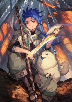 1boy animal animal_on_lap black_bodysuit blue_hair bodysuit braid cape chaps closed_mouth crotchless crotchless_pants cu_chulainn_(fate) dagger dog dog_on_lap dog_request earrings elbow_rest fate/grand_order fate_(series) foot_out_of_frame game_cg glint green_pants hand_up holding holding_dagger holding_knife holding_weapon hood hood_down hooded_cape jewelry knee_up knife lack long_hair male_focus official_art on_lap pants red_eyes reverse_grip sandals setanta_(fate) sheath sheathed single_braid sitting smile solo sword third-party_source three-quarter_sleeves toes turtleneck weapon white_cape white_dog