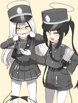 2girls armband black_hair black_tail blue_archive cosplay crossed_bangs demon_tail destroyer_(girls&#039;_frontline) dreamer_(girls&#039;_frontline) girls&#039;_frontline gloves grey_armband grey_halo grey_hat grey_jacket grey_shorts grey_skirt hair_between_eyes halo hat highres hikari_(blue_archive) hikari_(blue_archive)_(cosplay) jacket long_hair long_sleeves looking_at_viewer making_faces miniskirt multicolored_hair multiple_girls nozomi_(blue_archive) nozomi_(blue_archive)_(cosplay) pantyhose pleated_skirt sangvis_ferri short_shorts shorts skirt streaked_hair tail train_conductor twintails very_long_hair white_gloves white_hair white_pantyhose yellow_eyes zafuri_(yzrnegy)