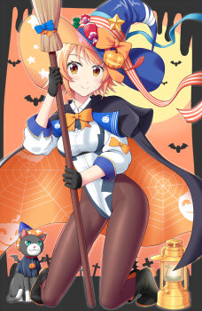 Rule 34 | 1girl, absurdres, black cape, black gloves, black pantyhose, blue hat, breasts, broom, brown eyes, brown hair, cape, commentary request, gloves, graveyard, halloween, halloween costume, hat, highleg, highleg leotard, highres, kantai collection, kiryu naoto, kneeling, lantern, leotard, looking at viewer, orange sky, pantyhose, richard p. leary (halloween) (kancolle), richard p. leary (kancolle), short hair, sky, sleeved leotard, two-sided cape, two-sided fabric, white leotard, witch hat