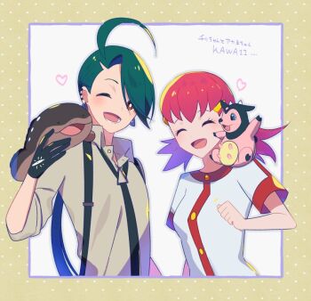 2girls androgynous black_gloves breasts brown_eyes clodsire commentary_request flat_chest gen_2_pokemon gloves green_hair hair_ornament hairclip heart low_twintails medium_breasts miltank multiple_girls nintendo open_mouth pokemon pokemon_(creature) pokemon_hgss pokemon_sv red_hair rika_(pokemon) riki_(inushima_) smile suspenders twintails whitney_(pokemon)