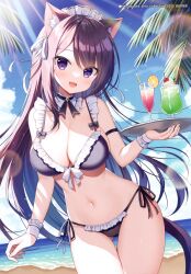Rule 34 | 1girl, :d, absurdres, animal ear fluff, animal ears, bikini, black bikini, black hair, blue sky, breasts, cat ears, cat girl, cat tail, cleavage, cloud, cup, day, drinking glass, drinking straw, fang, frilled bikini, frills, hair between eyes, highres, holding, holding tray, horizon, large breasts, long hair, looking at viewer, mauve, navel, non-web source, ocean, open mouth, original, outdoors, purple eyes, side-tie bikini bottom, sky, smile, solo, swimsuit, tail, tray, very long hair, water, wrist cuffs