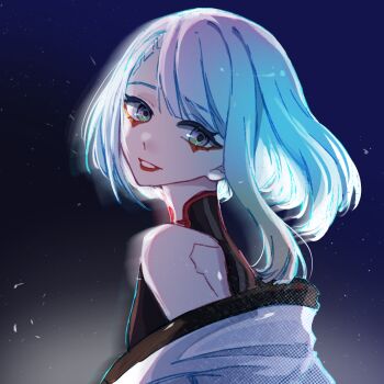 1girl backlighting bare_shoulders black_bodysuit bodysuit chilizi cyberpunk:_edgerunners cyberpunk_(series) dark_background eyeliner from_side grin highres looking_at_viewer lucy_(cyberpunk) makeup off-shoulder_jacket off_shoulder purple_eyes red_eyeliner red_lips short_hair sleeveless sleeveless_bodysuit smile solo upper_body white_hair