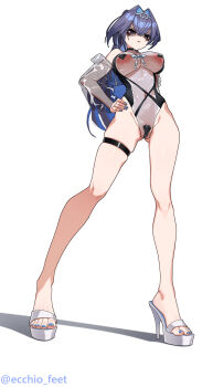 Rule 34 | 1girl, absurdres, artist name, black one-piece swimsuit, blue hair, blue nails, blush, breasts, colored inner hair, covered navel, crossed bangs, ecchi-o, eyelashes, feet, full body, gluteal fold, grey eyes, hand on own hip, high heel sandals, high heels, highleg, highleg one-piece swimsuit, highres, hololive, hololive english, impossible clothes, impossible swimsuit, jacket, large areolae, large breasts, legs, long hair, long legs, looking at viewer, multicolored hair, nail polish, one-piece swimsuit, open clothes, open jacket, ouro kronii, purple hair, revealing clothes, sandals, see-through clothes, see-through jacket, see-through one-piece swimsuit, shadow, simple background, skindentation, solo, stiletto heels, swimsuit, thigh strap, toenail polish, toenails, toes, twitter username, v-shaped eyebrows, very long hair, virtual youtuber, white background, white sandals