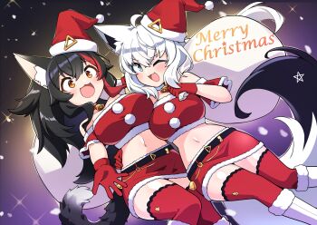 2girls :3 :d ahoge alternate_costume animal_ears arm_around_waist black_hair blue_eyes blush breasts commentary_request fox_ears fox_girl fox_tail fur-trimmed_headwear fur-trimmed_skirt fur-trimmed_tube_top fur_trim gloves hat highres holding holding_sack hololive jb_jagbung large_breasts long_hair looking_at_viewer medium_hair merry_christmas multiple_girls navel one_eye_closed ookami_mio open_mouth red_gloves red_hat red_skirt red_streaks red_thighhighs red_tube_top sack santa_costume santa_hat shirakami_fubuki skirt smile solo strapless tail thighhighs tube_top virtual_youtuber wolf_ears wolf_girl wolf_tail yellow_eyes
