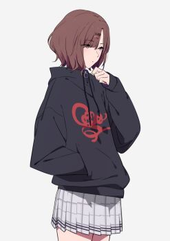 Rule 34 | 1girl, black hoodie, brown hair, closed mouth, commentary, drawstring, grey background, grey skirt, hair ornament, hairclip, hand in pocket, higuchi madoka, hood, hood down, hoodie, idolmaster, idolmaster shiny colors, long sleeves, mole, mole under eye, pleated skirt, short hair, simple background, skirt, sleeves past wrists, sohin, solo